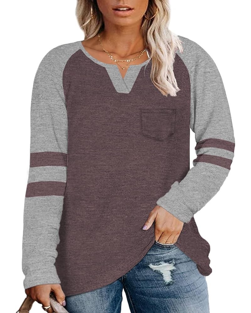 Plus-Size Tops for Women Long Sleeve V Neck T Shirts Raglan Tees 09_jujube Red $12.00 T-Shirts