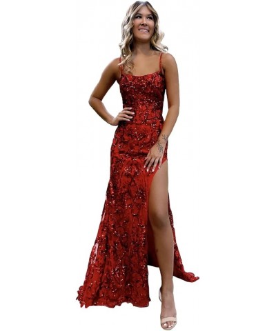 Sparkly Sequin Mermaid Prom Dresses for Women 2024 Glitter Lace Backless Long Formal Evening Gown with Slit B-burgundy $34.44...