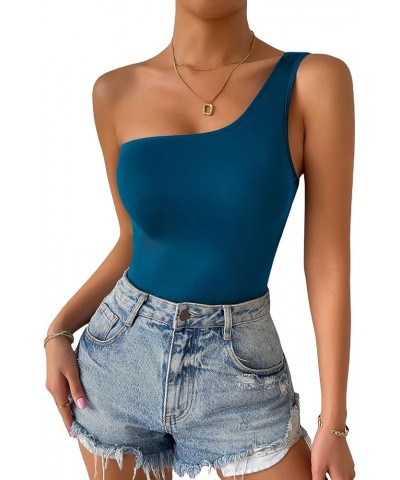 Women's Sleeveless One Shoulder Skinny Tank Bodysuit Top Teal Blue $7.53 Bodysuits