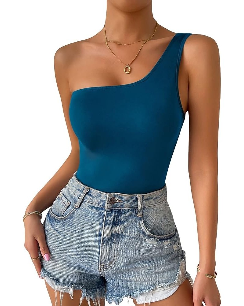 Women's Sleeveless One Shoulder Skinny Tank Bodysuit Top Teal Blue $7.53 Bodysuits