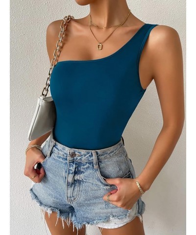 Women's Sleeveless One Shoulder Skinny Tank Bodysuit Top Teal Blue $7.53 Bodysuits