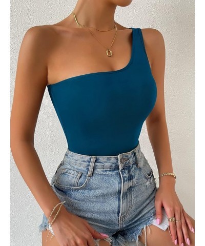 Women's Sleeveless One Shoulder Skinny Tank Bodysuit Top Teal Blue $7.53 Bodysuits