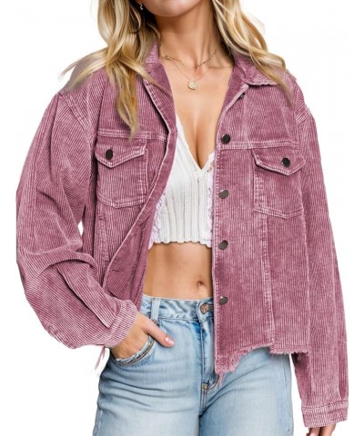 Oversized Corduroy Shirt Jacket Casual Button Down Long Sleeve Shacket Washed Retro Coat Shirts Jackets Wine Red $22.05 Jackets