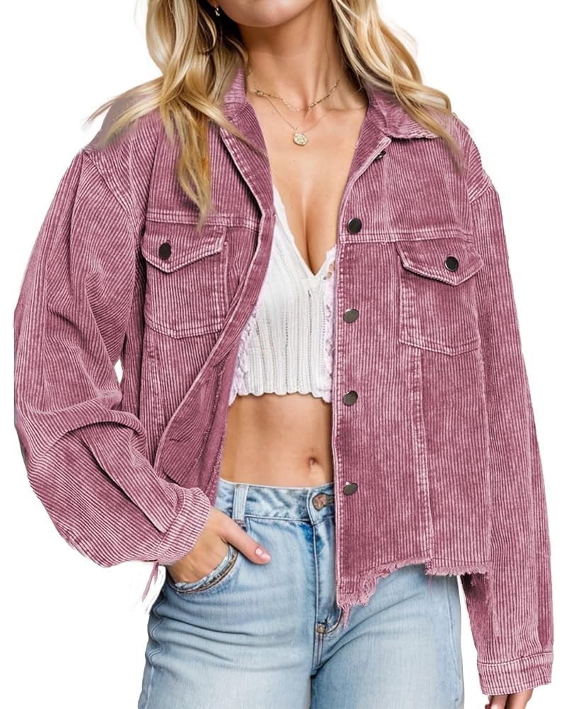 Oversized Corduroy Shirt Jacket Casual Button Down Long Sleeve Shacket Washed Retro Coat Shirts Jackets Wine Red $22.05 Jackets