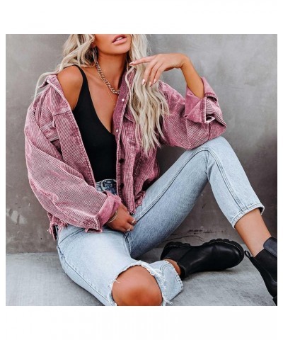 Oversized Corduroy Shirt Jacket Casual Button Down Long Sleeve Shacket Washed Retro Coat Shirts Jackets Wine Red $22.05 Jackets