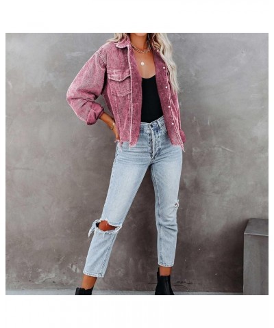 Oversized Corduroy Shirt Jacket Casual Button Down Long Sleeve Shacket Washed Retro Coat Shirts Jackets Wine Red $22.05 Jackets