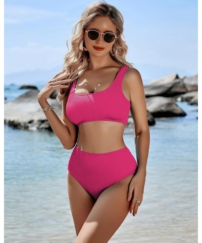 Womens Swimsuits Two Piece Sports Bathing Suits Crop Tops Ribbed Bikini Sets Swimwear Bottoms Rose Red $23.93 Swimsuits