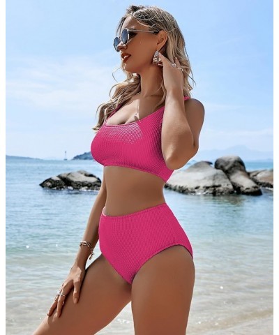 Womens Swimsuits Two Piece Sports Bathing Suits Crop Tops Ribbed Bikini Sets Swimwear Bottoms Rose Red $23.93 Swimsuits