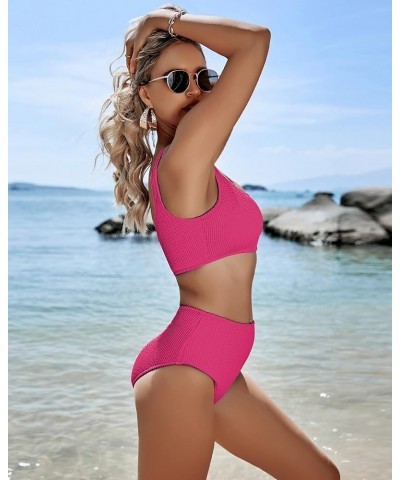 Womens Swimsuits Two Piece Sports Bathing Suits Crop Tops Ribbed Bikini Sets Swimwear Bottoms Rose Red $23.93 Swimsuits