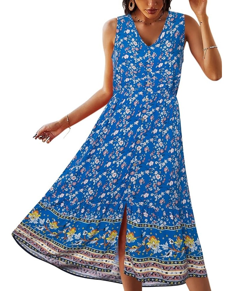 Women Dress Summer Sleeveless Bohemian: Floral V Neck Button Down Flowy Boho Dresses S-XL 3155-brihtblue $23.39 Dresses