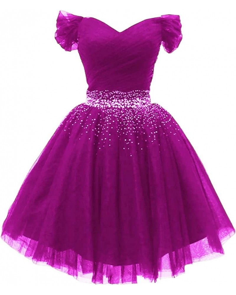 Off Shoulder Tulle Homecoming Dresses for Teens A-line Beaded Short Prom Cocktail Party Dress Fuchsia $32.63 Dresses