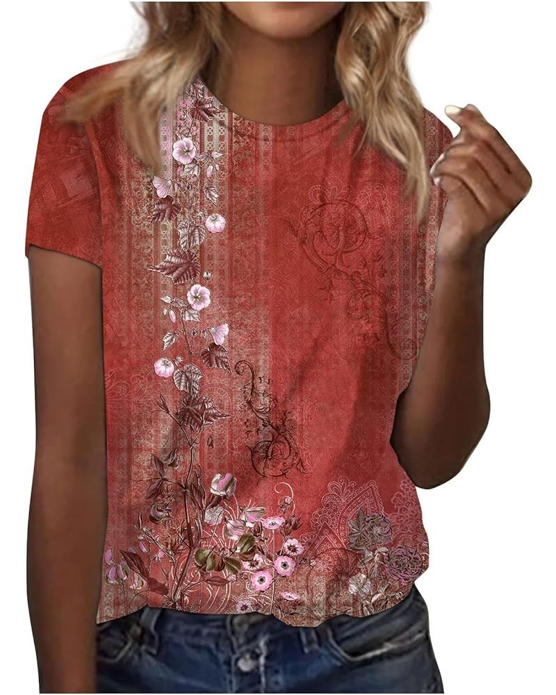 Tops for Women Trendy Casual Round Neck Short Sleeve Top Floral Print Tees Vintage Shirt Loose Lightweight Blouses 01-red $7....