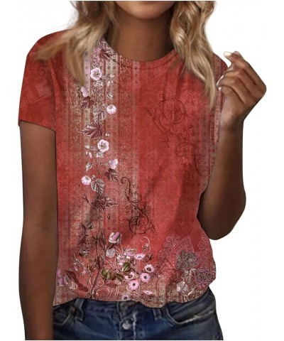 Tops for Women Trendy Casual Round Neck Short Sleeve Top Floral Print Tees Vintage Shirt Loose Lightweight Blouses 01-red $7....