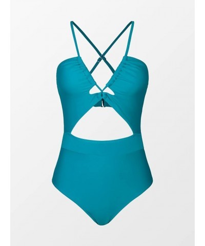 Women's One Piece Swimsuit Plunge Neckline Cutout Criss Cross Bathing Suit Teal Blue $20.53 Swimsuits