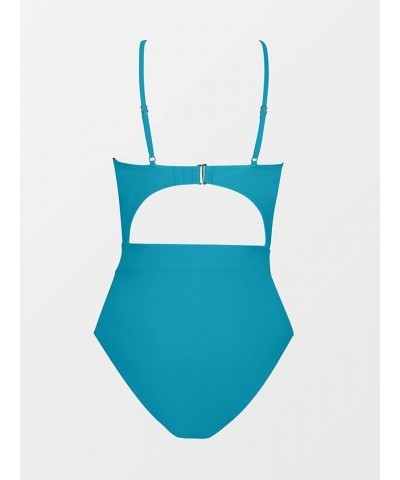 Women's One Piece Swimsuit Plunge Neckline Cutout Criss Cross Bathing Suit Teal Blue $20.53 Swimsuits