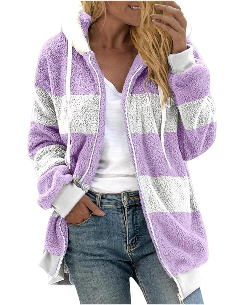 Womens Winter Fuzzy Jackets 2023 Color Block Hooded Coats Oversized Fluffy Sherpa Coats Outerwear Hoodies Cardigans 01-purple...