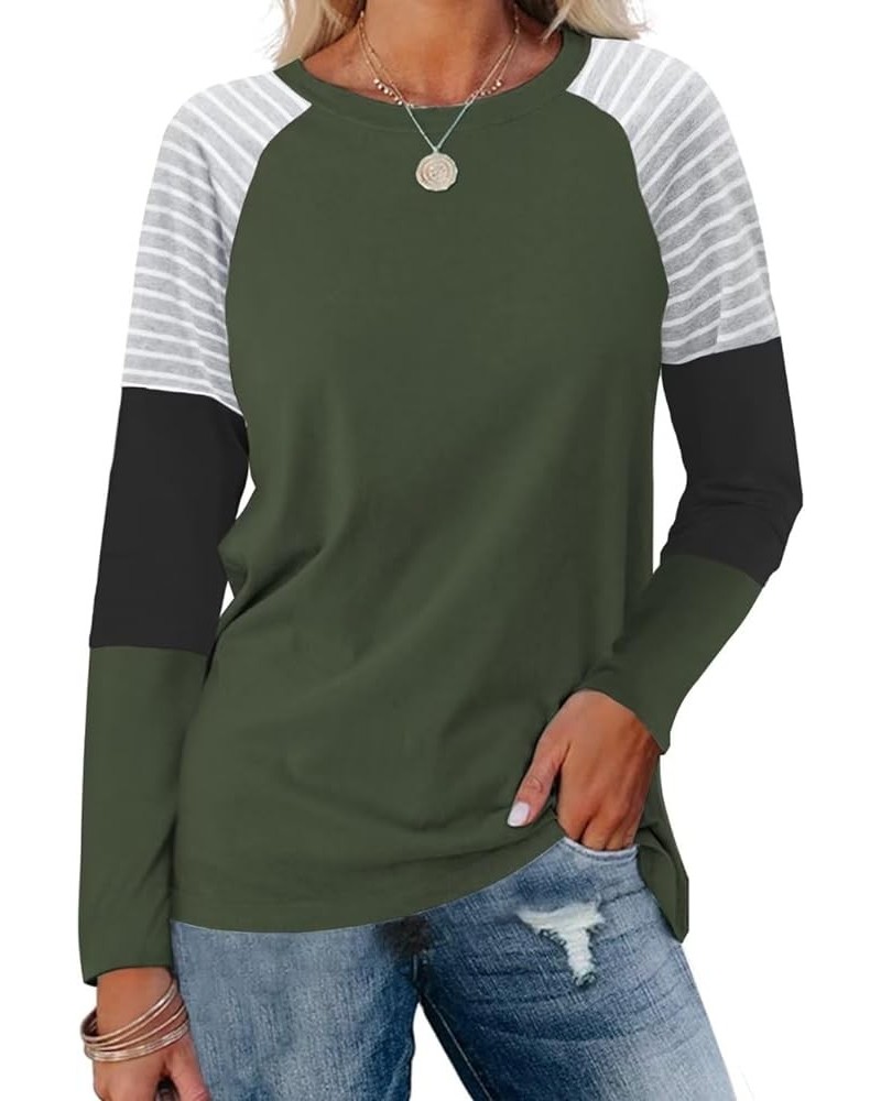 Women's Color Block Tunic Tops Casual Long Sleeve Shirts Round Neck Pullover B Army Green $11.79 Tops