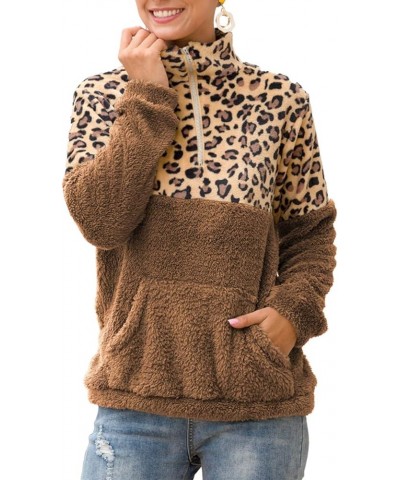 Women Leopard Color Block Hoodies Fuzzy Loose Jacket Outwear with Pockets B-apricot Leopard+khaki $13.91 Activewear