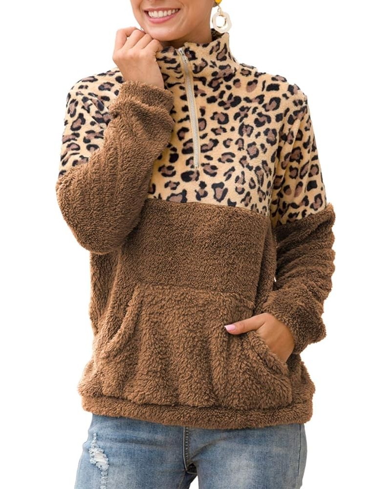 Women Leopard Color Block Hoodies Fuzzy Loose Jacket Outwear with Pockets B-apricot Leopard+khaki $13.91 Activewear