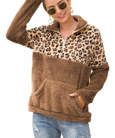 Women Leopard Color Block Hoodies Fuzzy Loose Jacket Outwear with Pockets B-apricot Leopard+khaki $13.91 Activewear