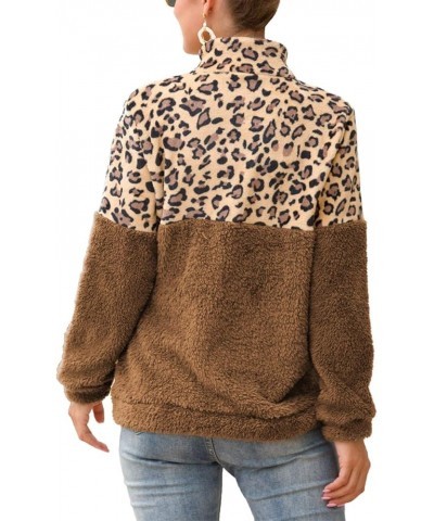 Women Leopard Color Block Hoodies Fuzzy Loose Jacket Outwear with Pockets B-apricot Leopard+khaki $13.91 Activewear