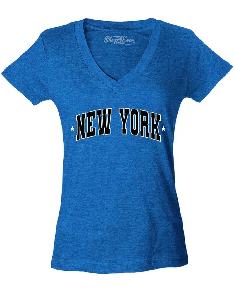 New York State Letter Print Stars Women's V-Neck T-Shirt Slim Fit Heather Royal Blue $10.79 T-Shirts