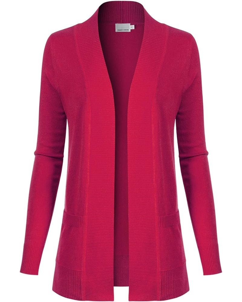 Women's Open Front Long Sleeve Classic Knit Cardigan Hot Pink $11.07 Sweaters