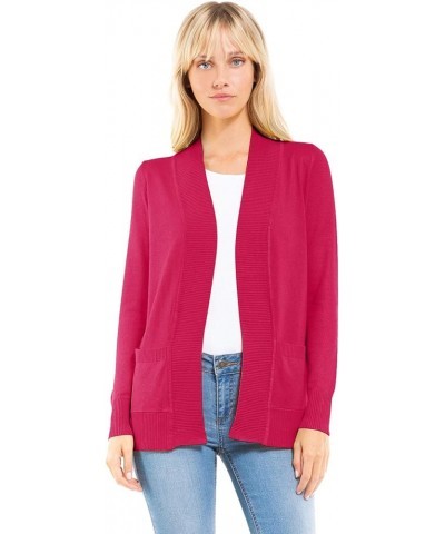 Women's Open Front Long Sleeve Classic Knit Cardigan Hot Pink $11.07 Sweaters