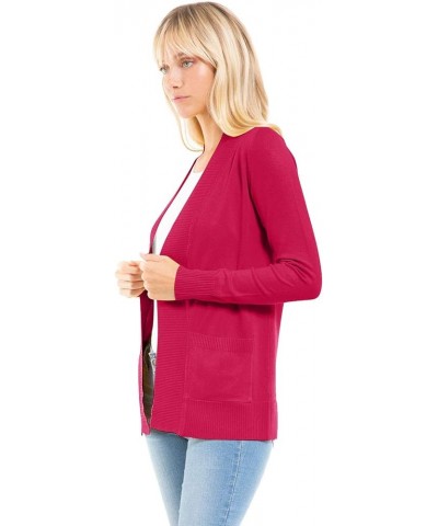 Women's Open Front Long Sleeve Classic Knit Cardigan Hot Pink $11.07 Sweaters