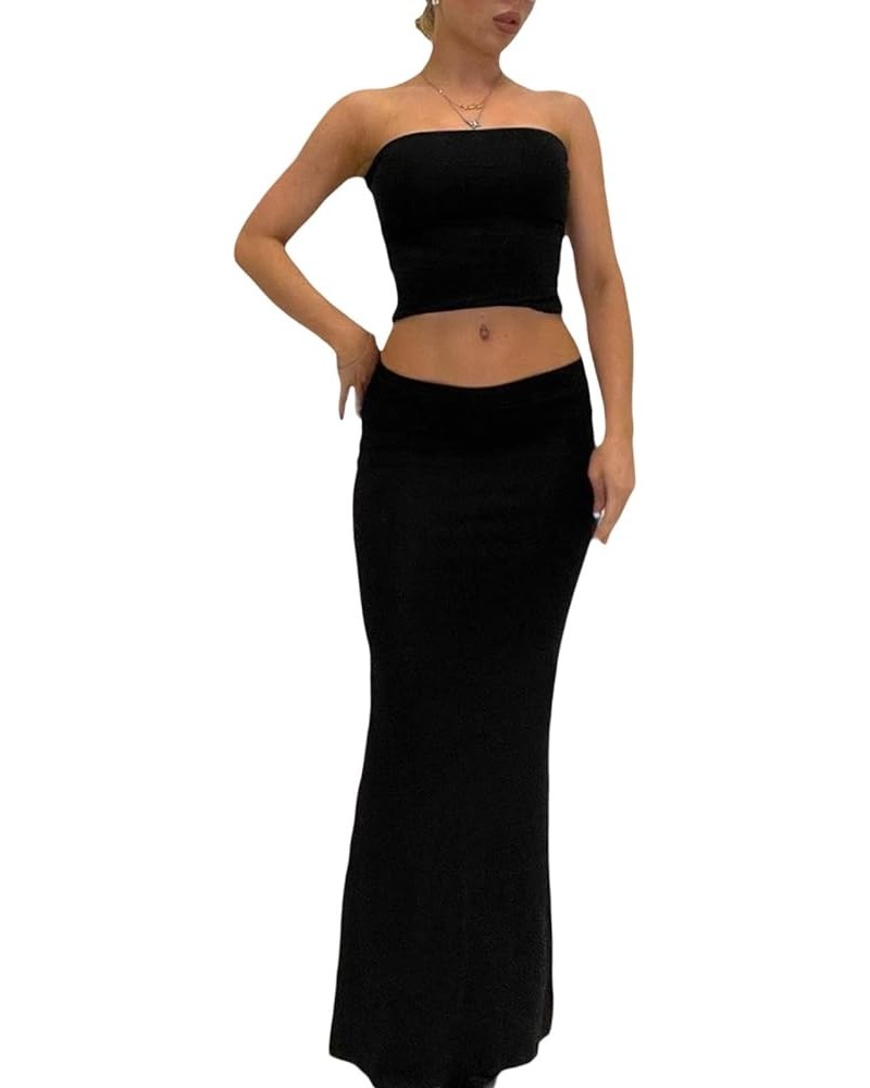 Women 2 Piece Outfits Maxi Skirt Sets Solid Color Basic Tank Shirt Tee Top Midi Long Skirt Summer Matching Set Strapless-blac...