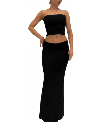 Women 2 Piece Outfits Maxi Skirt Sets Solid Color Basic Tank Shirt Tee Top Midi Long Skirt Summer Matching Set Strapless-blac...