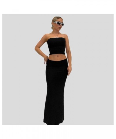 Women 2 Piece Outfits Maxi Skirt Sets Solid Color Basic Tank Shirt Tee Top Midi Long Skirt Summer Matching Set Strapless-blac...