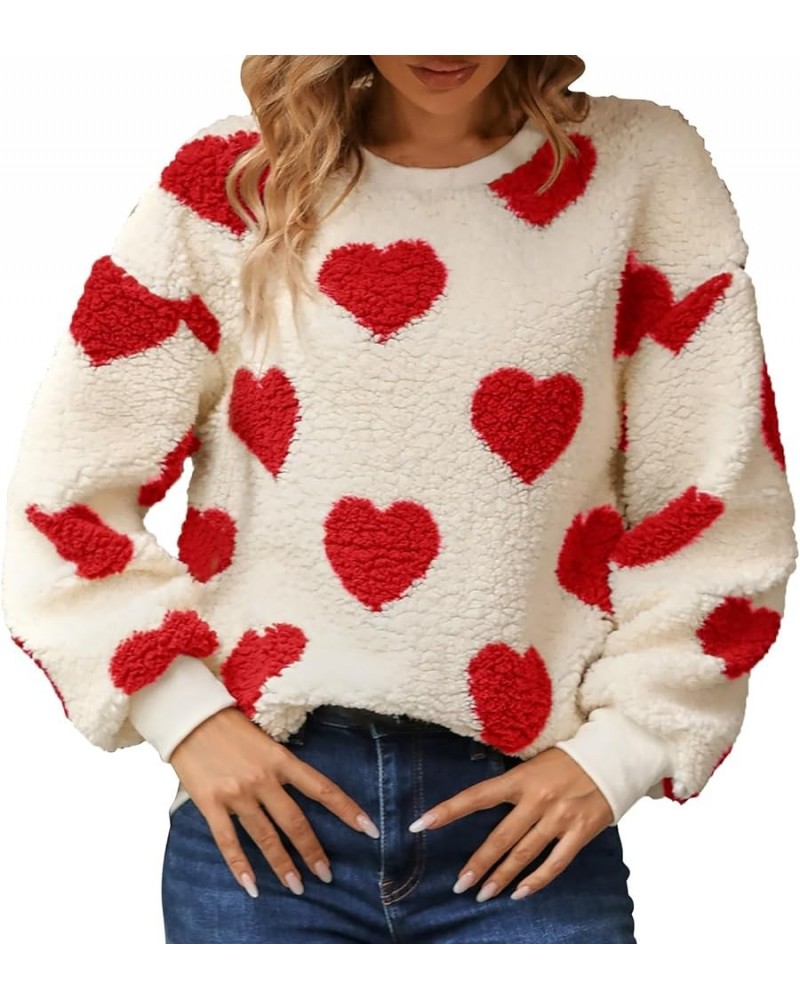 Simple Temperament Teddy Sweatshirt Round Neck Long Sleeves Heart Printed Sweater Women's Warm Pullover Ski Sweatshirts 2-red...