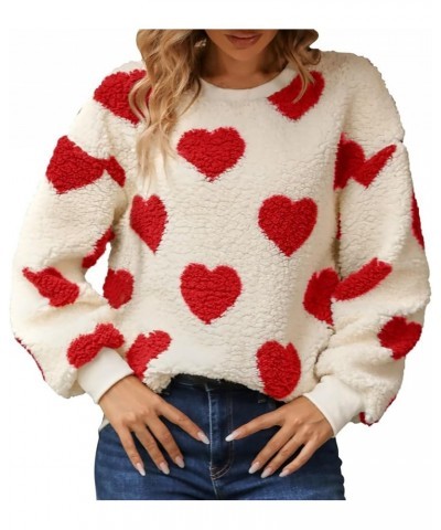 Simple Temperament Teddy Sweatshirt Round Neck Long Sleeves Heart Printed Sweater Women's Warm Pullover Ski Sweatshirts 2-red...