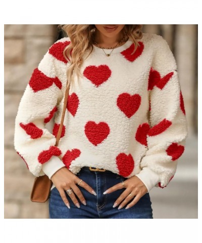 Simple Temperament Teddy Sweatshirt Round Neck Long Sleeves Heart Printed Sweater Women's Warm Pullover Ski Sweatshirts 2-red...