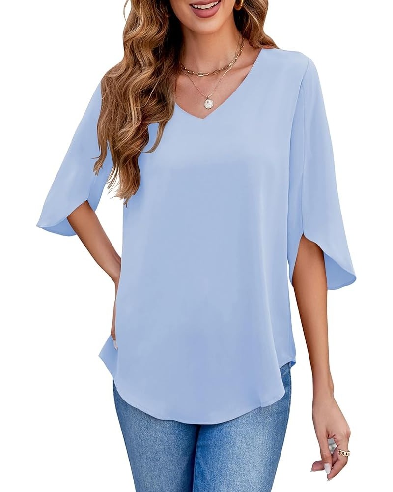 Womens Blouses Dressy Casual 3/4 Sleeve V Neck Loose Tunic Shirts Tops Light Blue $13.34 Tops