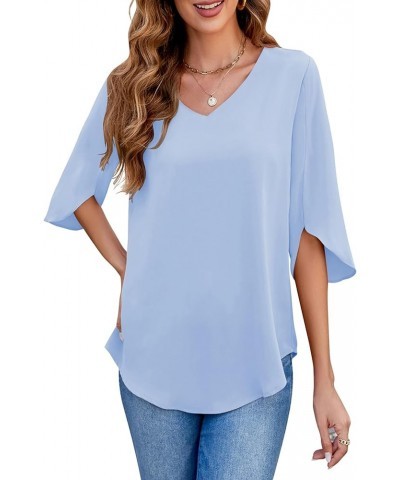 Womens Blouses Dressy Casual 3/4 Sleeve V Neck Loose Tunic Shirts Tops Light Blue $13.34 Tops