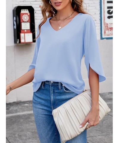 Womens Blouses Dressy Casual 3/4 Sleeve V Neck Loose Tunic Shirts Tops Light Blue $13.34 Tops