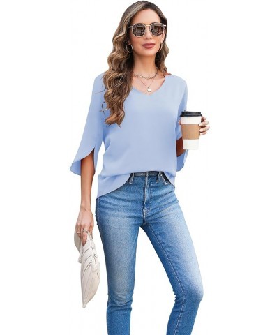 Womens Blouses Dressy Casual 3/4 Sleeve V Neck Loose Tunic Shirts Tops Light Blue $13.34 Tops