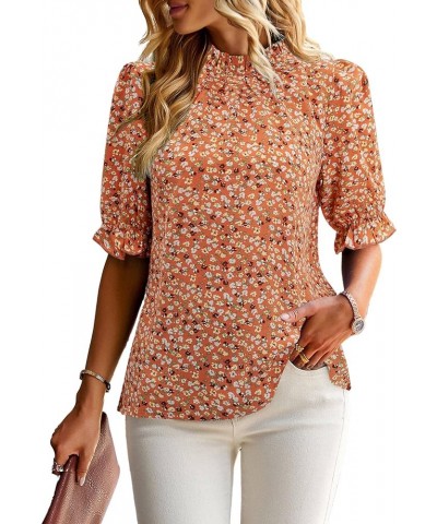 Women's Summer Boho Floral Shirt Top Ruffle Mock Neck Puff Short Sleeve 2024 Casual Blouses Flower Orange $16.45 Tops