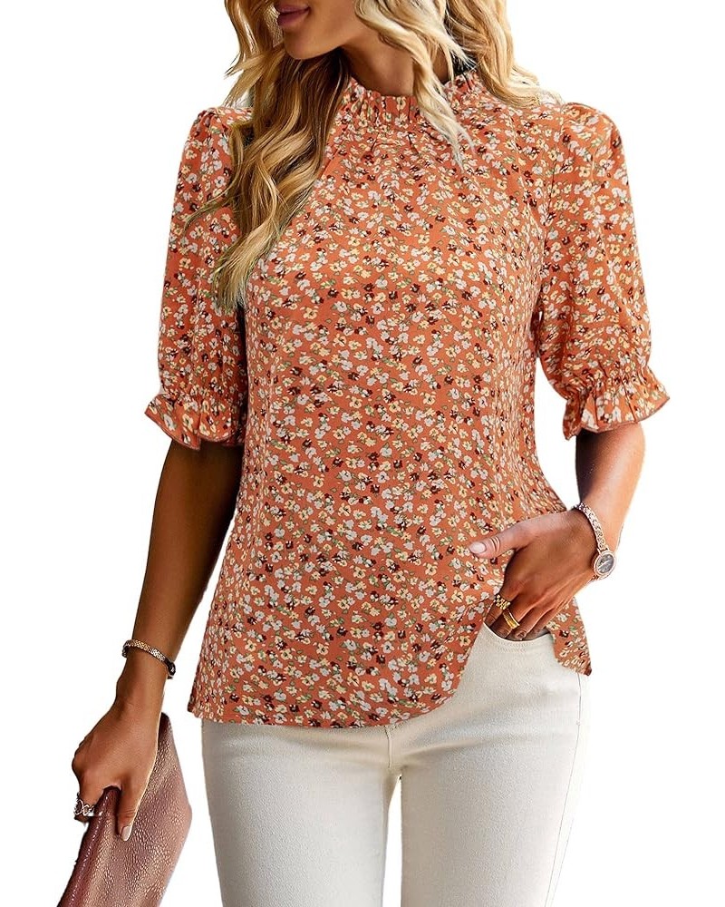 Women's Summer Boho Floral Shirt Top Ruffle Mock Neck Puff Short Sleeve 2024 Casual Blouses Flower Orange $16.45 Tops