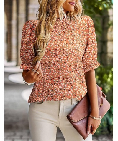 Women's Summer Boho Floral Shirt Top Ruffle Mock Neck Puff Short Sleeve 2024 Casual Blouses Flower Orange $16.45 Tops