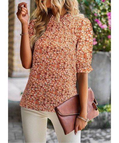 Women's Summer Boho Floral Shirt Top Ruffle Mock Neck Puff Short Sleeve 2024 Casual Blouses Flower Orange $16.45 Tops