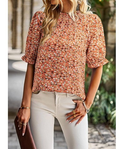 Women's Summer Boho Floral Shirt Top Ruffle Mock Neck Puff Short Sleeve 2024 Casual Blouses Flower Orange $16.45 Tops