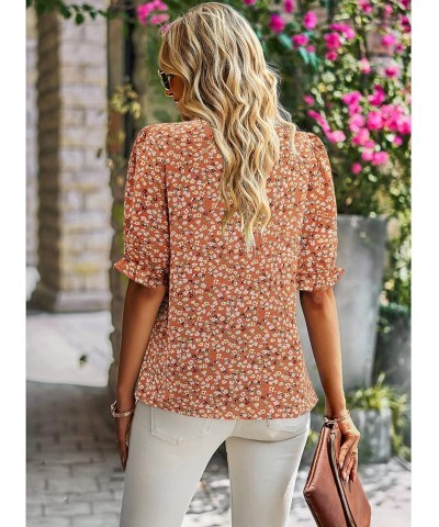 Women's Summer Boho Floral Shirt Top Ruffle Mock Neck Puff Short Sleeve 2024 Casual Blouses Flower Orange $16.45 Tops