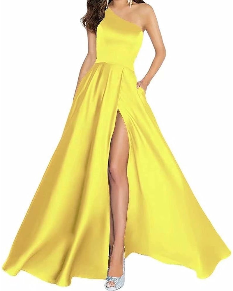 One Shoulder Long Prom Dresses for Women Satin A Line Formal Evening Party Gowns with Slit Daffodil $33.14 Dresses