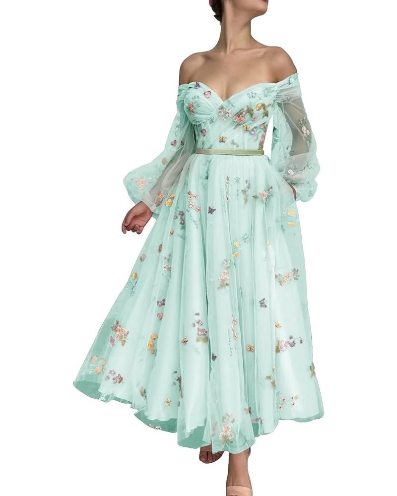 Women's Puffy Sleeve Tulle Prom Dresses Tea Length Pink Flower Lace Formal Evening Gowns Light Green $33.35 Dresses