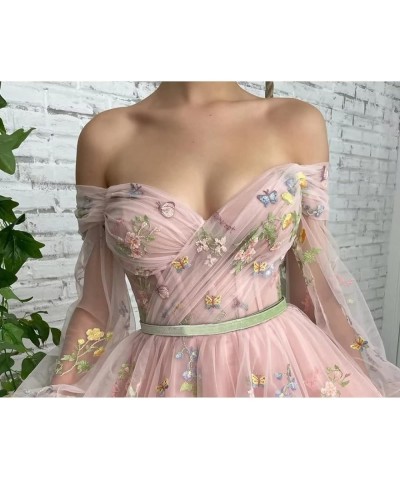 Women's Puffy Sleeve Tulle Prom Dresses Tea Length Pink Flower Lace Formal Evening Gowns Light Green $33.35 Dresses