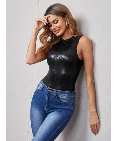 Women's Casual Mock Neck Sleeveless Crocodile Embossed Tank Bodysuit Tops A Black $9.09 Bodysuits