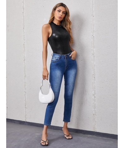 Women's Casual Mock Neck Sleeveless Crocodile Embossed Tank Bodysuit Tops A Black $9.09 Bodysuits